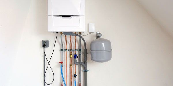 New Gas Boiler, Heating System With Copper Pipes, Valves And Other Equipment In A Boiler Room Gas Heater System, Modern In New House